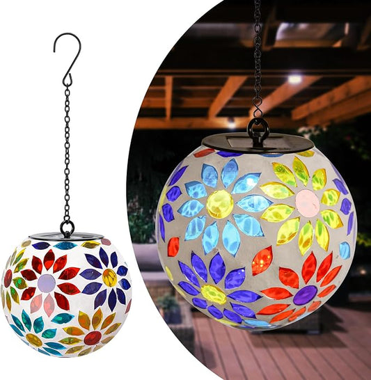 Mosaic Solar Lantern Outdoor Waterproof Glass Hanging Solar Lights, Multi | Solar Hanging Lantern IP44 Waterproof Mosaic Gazing Ball with White LED Lights, Metal Hanging Chain, Outdoor Pathway Decor