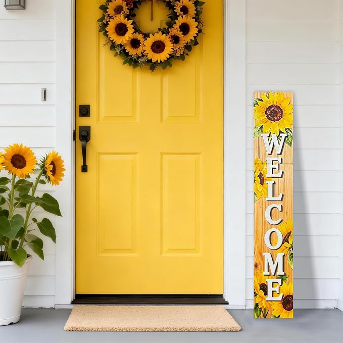 Vertical Wood Welcome Sign for Front Porch Vertical Decorative Sign Front Door Outdoor Indoor Welcome Sign 47.2x7.8 Inch Sunflower Outdoor Decor for Summer Front Porch Decorations.