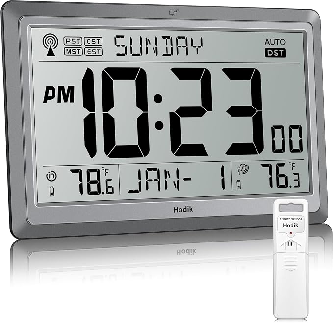 HODIK Wall Clock Atomic with Indoor Outdoor Temperature Battery Powered, Easy Reading with 10.5 Inch LCD Display, 330FT Range Table Wall Clock with DST, 12/24 Hour for Living Room Kitchen (Silver)