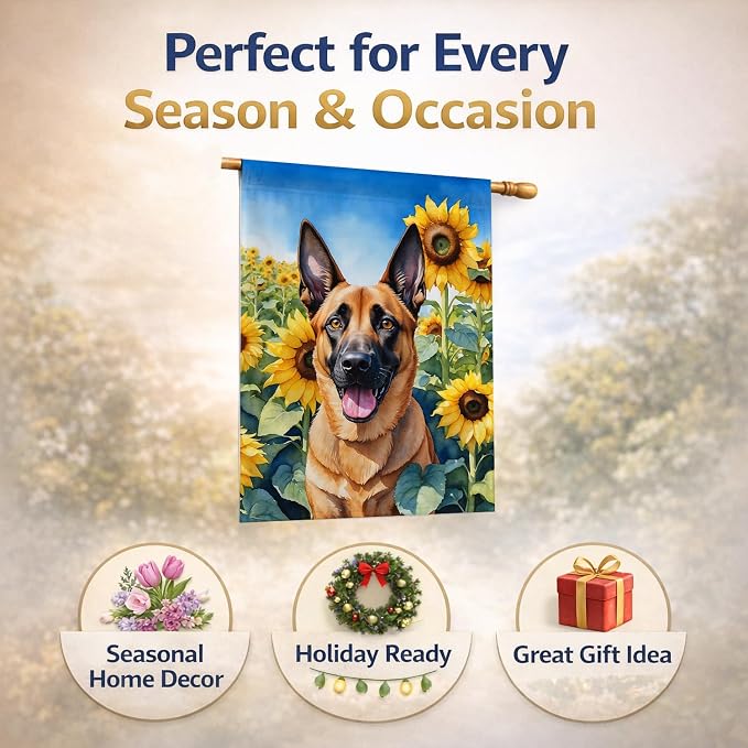 Caroline's Treasures DAC6022CHF Belgian Malinois in Sunflowers House Flag Large Porch Sleeve Pole Decorative Outside Yard Banner Artwork Wall Hanging, Polyester, House Size, Multicolor