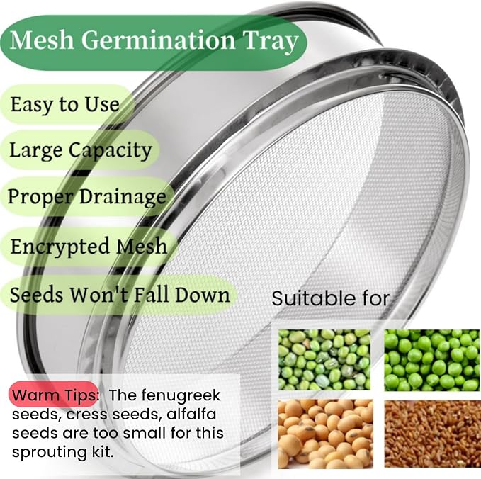Tlence 9" Stackable Stainless Steel Seed Sprouting Kit, 3-Tier Mesh Germination Tray, Seed Sprout Grower with Lid Base, Microgreens Propagator for Beans Peas Broccoli Wheat Grass, Soil Free