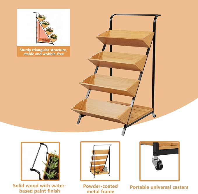 4-Tier Vertical Raised Garden Beds Indoor Outdoor Freestanding Tiered Planter Box with Metal Frame & Wheels for Herbs Vegetables Fruits Wooden Flower Display Stand for Patio, Balcony & Yard (Wood6)