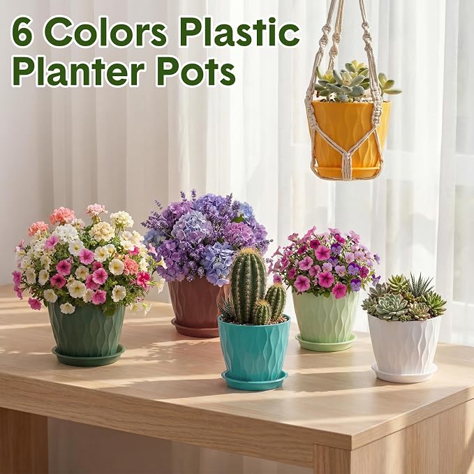 48 Pack 4 Inch Plant Pots Bulk Small Pots for Succulents Waffle Texture Plastic Planter with Drainage Holes and Saucers for Indoor Outdoor Plants Flowers, Seedlings (Multiple Colors)