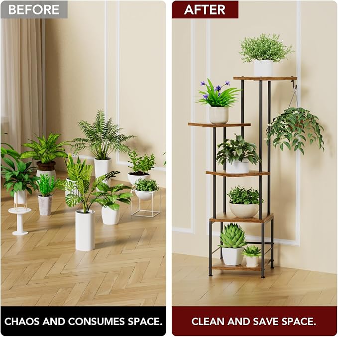 Homsorout Plant Stand Indoor with Grow Light - 5-Tier Metal Plant Shelf with Hanging Basket Hook, Corner Tall Flower Holder for Multiple Plants, Living Room Balcony Garden Patio, Rustic Brown