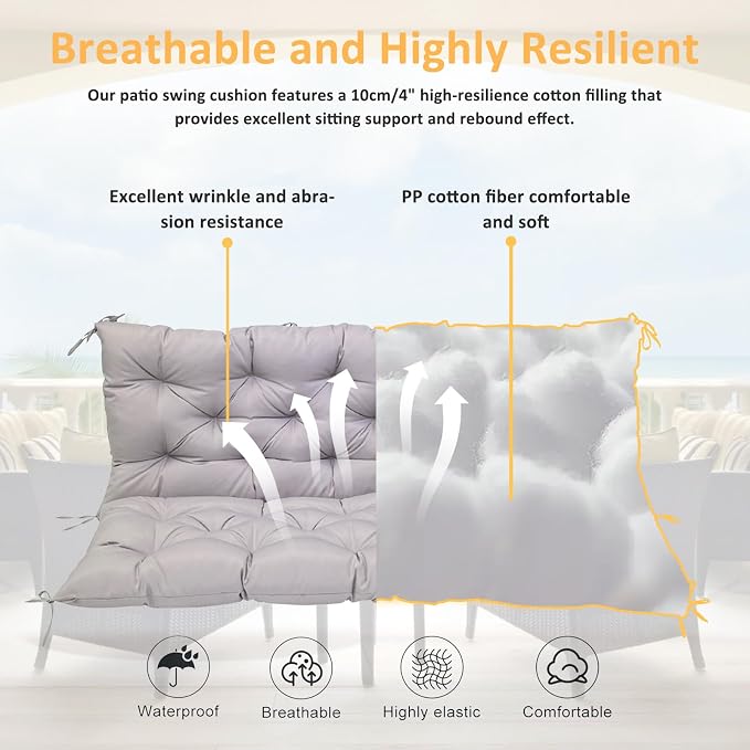 Swing Replacement Cushions for Outdoor: 2-3 Seater Waterproof Porch Bench Cushion with Backrest and Ties - 4" Thick Swing Cushion for Garden Patio Backyard Loveseat