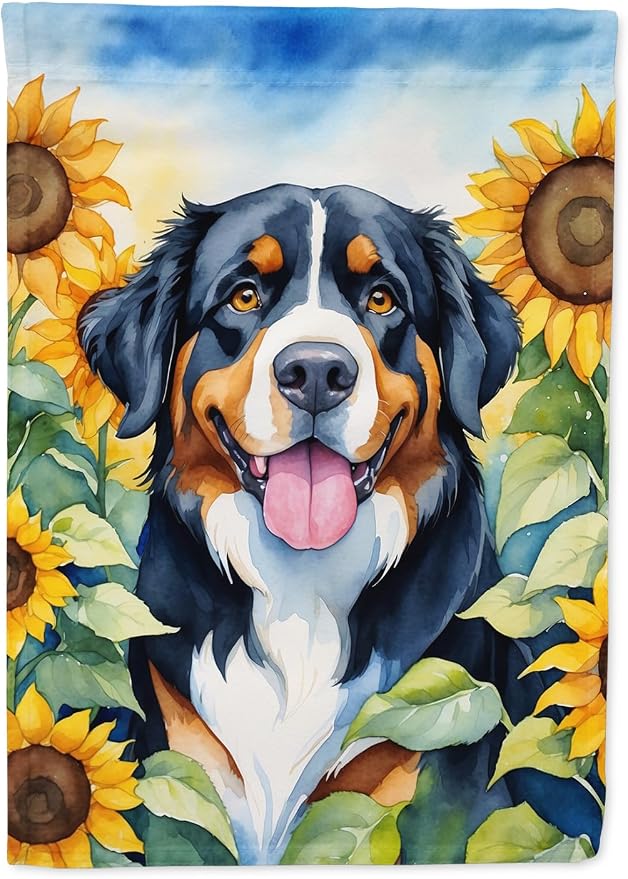 Caroline's Treasures DAC6026CHF Bernese Mountain Dog in Sunflowers House Flag Large Porch Sleeve Pole Decorative Outside Yard Banner Artwork Wall Hanging, Polyester, House Size, Multicolor