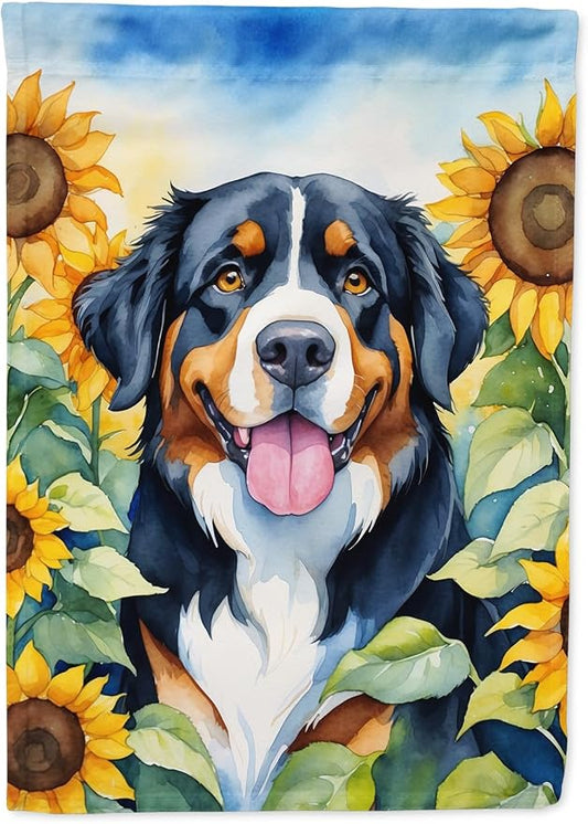 Caroline's Treasures DAC6026CHF Bernese Mountain Dog in Sunflowers House Flag Large Porch Sleeve Pole Decorative Outside Yard Banner Artwork Wall Hanging, Polyester, House Size, Multicolor