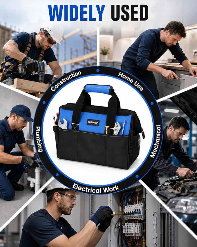 COMOWARE 13-Inch Tool Bag, Zip-top Wide Mouth Open top Tool Bag, Large Capacity Tool Organizer with Inside Pockets, Blue Tool Tote Bag for Carpenter, Mechanic and Home Repair