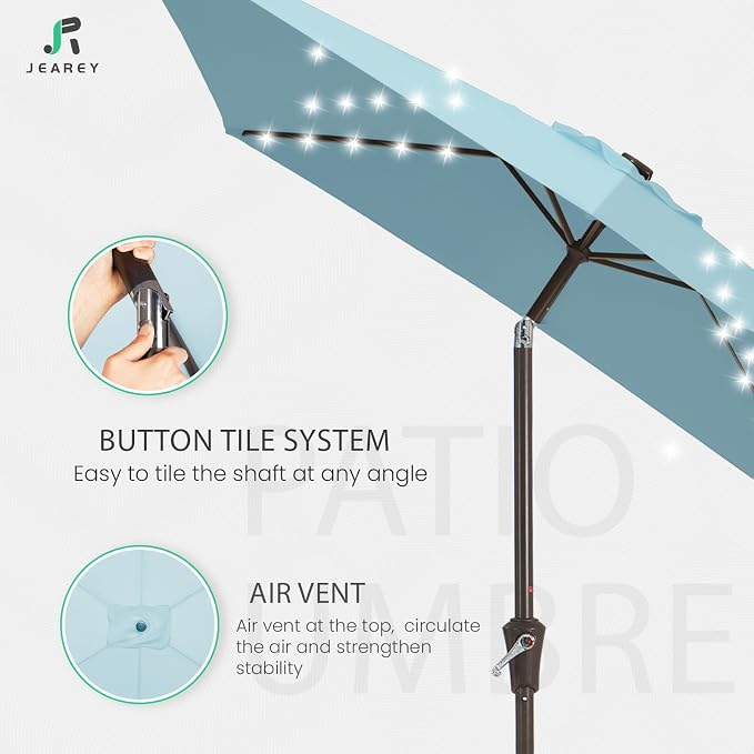 JEAREY 6.5x10 ft Rectangular LED Lighted Patio Umbrellas Outdoor Solar Table Market Umbrella w/Push Button Tilt/Crank, 6 Sturdy Ribs, UV Protection Waterproof Sunproof(Lake Blue)