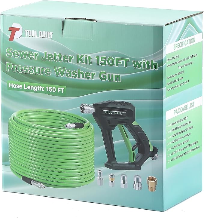 Tool Daily Sewer Jetter Kit for Pressure Washer 150 FT, Short Power Washer Gun, Drain Cleaner Hose 1/4 Inch NPT, Corner, Rotating and Button Nose Sewer Jetting Nozzle, 3600 PSI