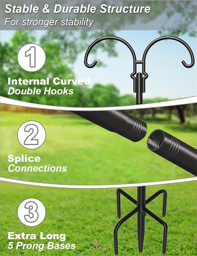 Outdoor Double Shepherds Hook with 5 Prong Base, 92 Inch Adjustable Heavy Duty Two Sided Bird Feeder Pole Stand for Hanging Plant Baskets, Solar Light Lanterns, Hummingbird Feeder, 2 Pack