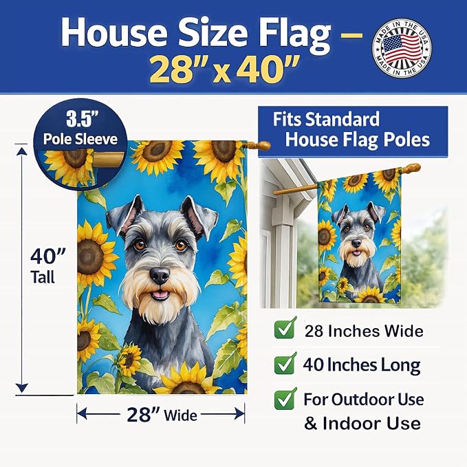 Caroline's Treasures DAC6156CHF Schnauzer in Sunflowers House Flag Large Porch Sleeve Pole Decorative Outside Yard Banner Artwork Wall Hanging, Polyester, House Size, Multicolor