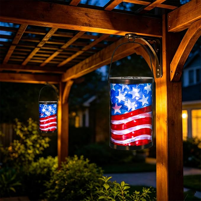 Hanging Solar Lantern Outdoor Decorative Waterproof LED Solar American Flag Lights Tabletop Lamp for Outdoor Patio Garden