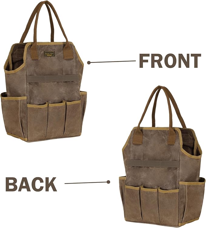 Canvas Garden Tool Bag, 16OZ Waxed Canvas Garden Tools Storage Tote - with 3 Inner Slots + 8 Outer Pockets, Multi-Functional Tool Organizer Bag for Gardener Florist Workshop, Grey, 9.5 x 6 x 15.5 In