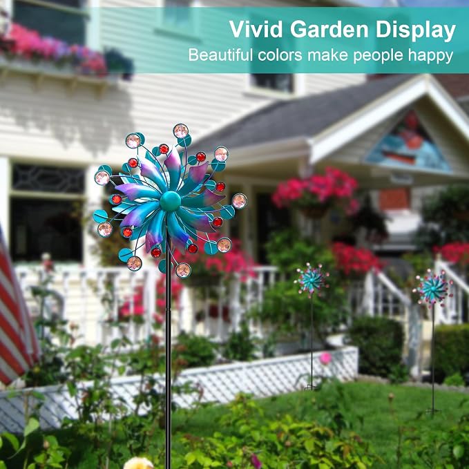 Solar Wind Spinner Outdoor - Metal Kinetic Wind Sculptures with Sparkling Jeweled Ornaments, Blue & Purple Gradient Dual-Direction Spinner, Solar LED Glass Ball Yard Art for Garden Patio Decor