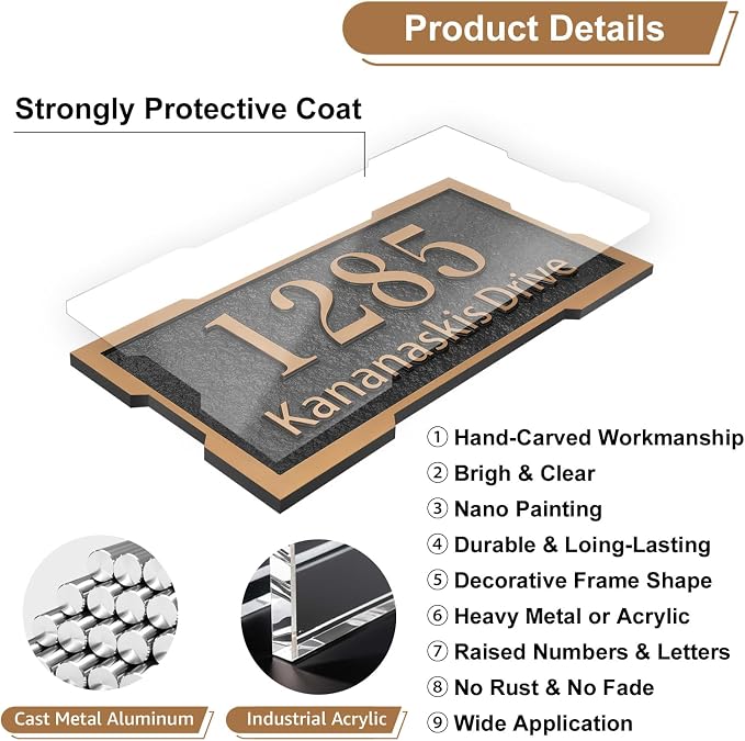 Address Plaque Metal & Large - 12'' x 6.14'' Custom Address Sign for House, House Number Plaque Sign for Outside, Up to 5 inch Tall,Make Your House Standing Out (Style 1)