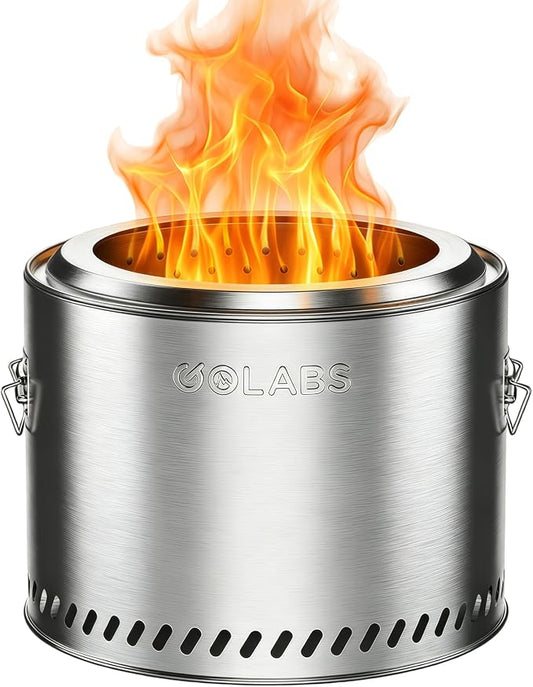 Golabs Smokeless Portable Fire Pit, 19.5" Stainless Steel, for Wood/Charcoal/Pellet Fuel, Portable with Sturdy Handles & Fire Cover, Suitable for 2-6 People, Perfect for Backyard, Picnics & Camping