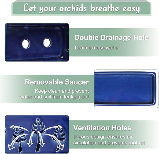 BUYMAX 10 Inch Rectangle Ceramic Orchid Pots with Holes, Heavy Duty Handmade Ceramic Plant Pot with Drainage and Saucer, Accommodate 2 Orchids, Enhance Good Ventilation - Blue
