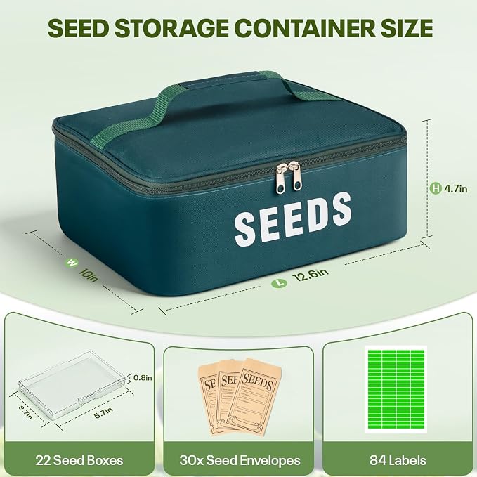 22 Slots Seed Storage Organizer Box with 30 Seed Envelopes & 84 Labels, Large Capacity Seed Packet Organizer Case, Waterproof Oxford Fabric Seed Vault Container for Garden Seed Organizer, Green
