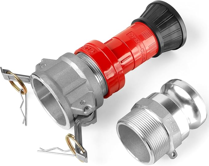 Fire Hose Nozzle,1-1/2 inch NPSH Heavy-Duty Industrial Fire Hose Constant Flow Fog Nozzle with 2pcs 1.5" Aluminum Camlock Fitting Coupling Equipment