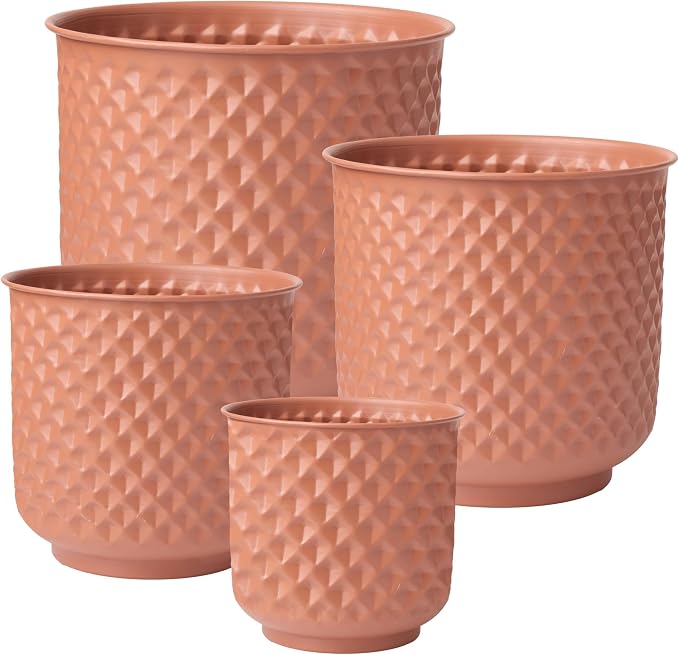 Bloem Prism Indoor Metal Cachepot Set - Includes 6", 8", 10" and 12" Decorative Planters with Powder-Coated Finish, Removable Drain Plugs, Terra Cotta