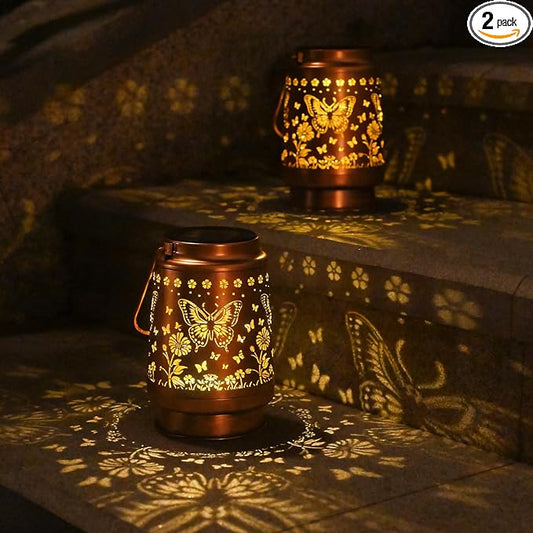 2Pack Solar Lights Solar Lanterns Outdoor Waterproof - Butterfly Garden Decor Birthday Gifts for Women Mom Grandma Butterflies Decoration Outside for Yard, Patio, Backyard, Porch