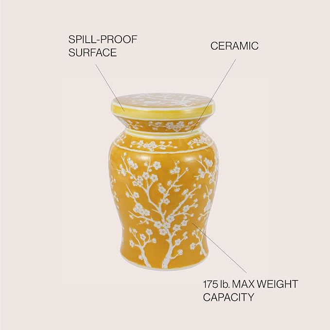 JONATHAN Y Cherry Blossom Ceramic Garden Stool 17.75" Chinoiserie Floral Drum Side Table for Patio and Living Room, Indoor Outdoor Plant Stand, Traditional, Yellow/White TBL1017E