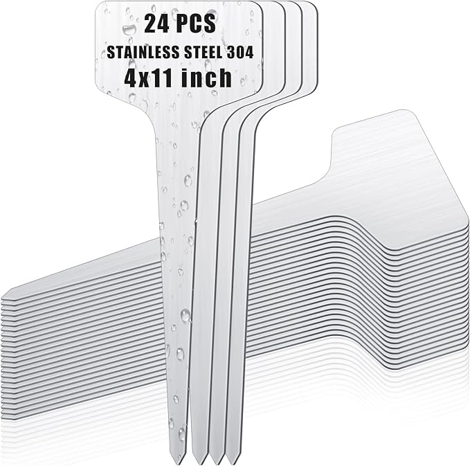 Hicarer 24 Pcs Medium Extended Size Metal Plant Labels Weatherproof Garden Markers 11" x 4" Engraving Stainless Steel 304 T-Type Reusable Nursery Plant Tags for Outdoor Garden Greenhouse Vegetables