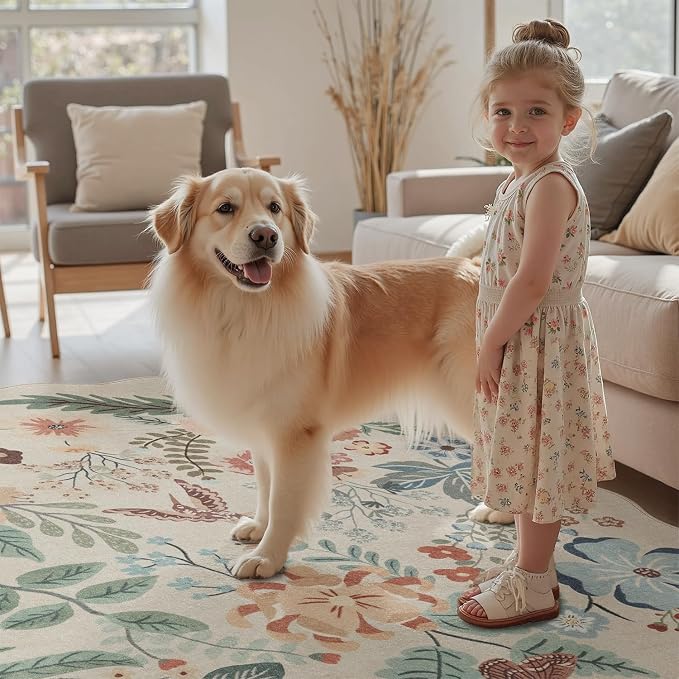 DCX Vintage Floral Washable Area Rug 5x7, Non Slip Low Pile Rug, Sage Green | Rugs for bedroom, living room, dining room, office, soft, kid & pet friendly, sain resistant indoor carpet, home decor