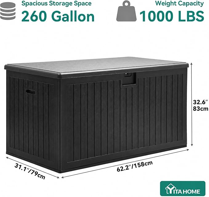 YITAHOME 260 Gallon Double-Wall Deck Box with Divider & Side Handles | Outdoor Large Storage for Patio Furniture Cushions, Garden Pool Accessories, Water Resistant & Lockable