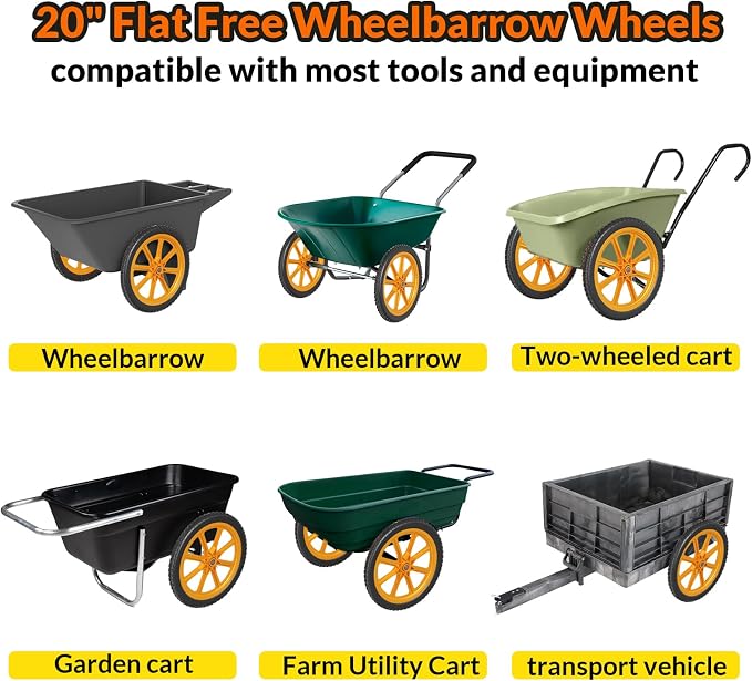 RONPOW 20 Inch Flat Free Wheelbarrow Wheels Compatible with rubbermaid Wheelbarrows Cart Tires, 5/8" Bearings and 3/4" Bearings, Replacement Wheelbarrow Wheels Garden Yard Carts, 400Lbs, 2Pack Orange