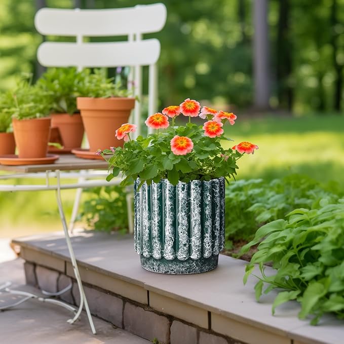 Ceramicfor Ceramic Plant Pot, 9.6 Inch, Green | Drainage Hole, Fluted Round Design, Indoor & Outdoor Use, Home Decor