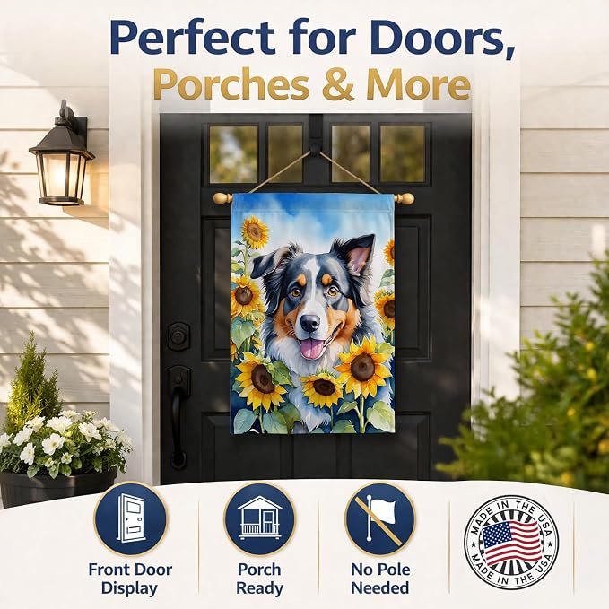 Caroline's Treasures DAC6014CHF Australian Shepherd in Sunflowers House Flag Large Porch Sleeve Pole Decorative Outside Yard Banner Artwork Wall Hanging, Polyester, House Size, Multicolor