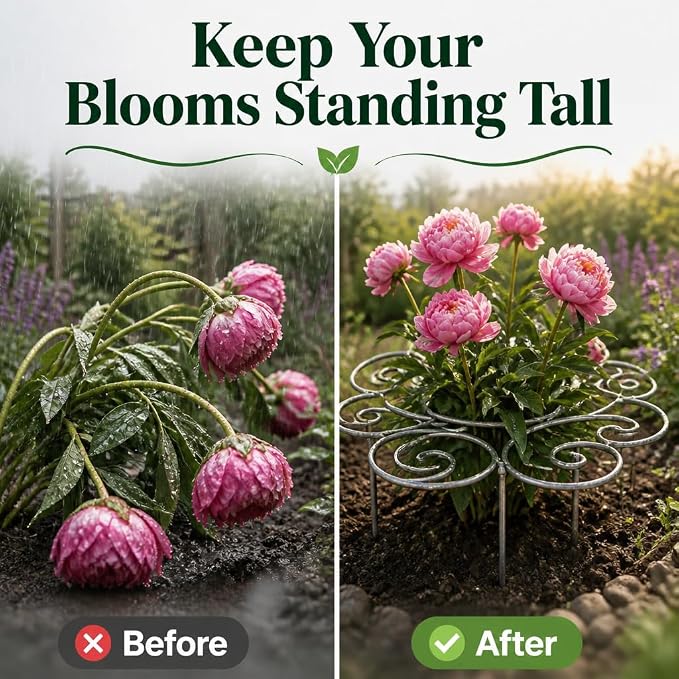 Metal Plant Support Ring for Garden, Heavy Duty Green Flower Hoop with Gardening Gloves, Peony Cage Stand for Outdoor Beds Indoor Pots, Grow Through Trellis 3 Sizes (2PCS, Large (17.3in Diameter))