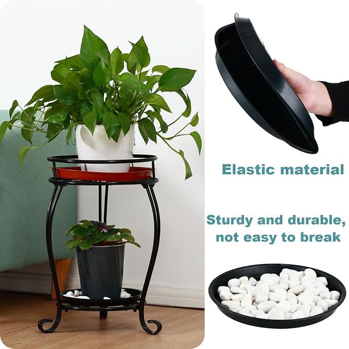 6 Pack 13.5 Inch Plant Saucers for Indoors Outdoors Plastic Plant Water Catcher Trays No Holes Round Flower Pot Drip Trays for Pots Base Heavy Duty Plant Pot Saucers Water Drainage Trays, Black