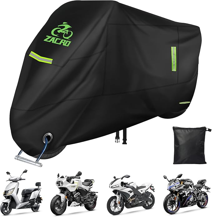 Zacro 420D Heavy Duty Motorcycle Cover, Waterproof Outdoor All Weather UV Dust Snow Proof, Universal Fit for Harley Honda Yamaha Suzuki Scooter Dirt Bike