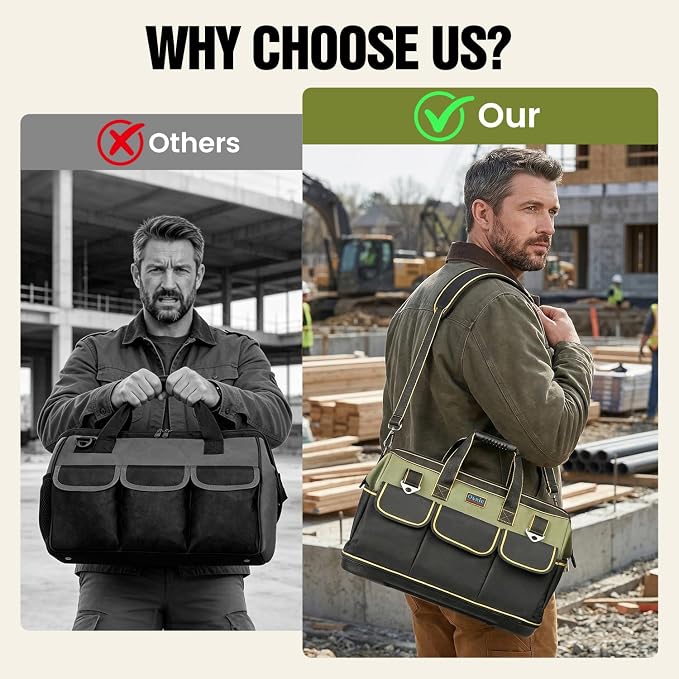 Tool Bag, Ounic 20 Inch Large Tool Tote Bag Heavy Duty With Waterproof Molded Base, Wide Mouth Tool Box Organizer with Adjustable Shoulder Strap for Electrician Mechanic Craftsman Plumbers(Green)