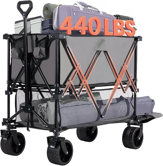 DUMOS 440LBS Heavy Duty Double Decker Wagon with 54IN Extender, 400L Large Capacity Collapsible Garden Cart, All-Terrain 7IN Wheels with Brakes, Foldable Utility Wagon for Shopping, Camping, Grey