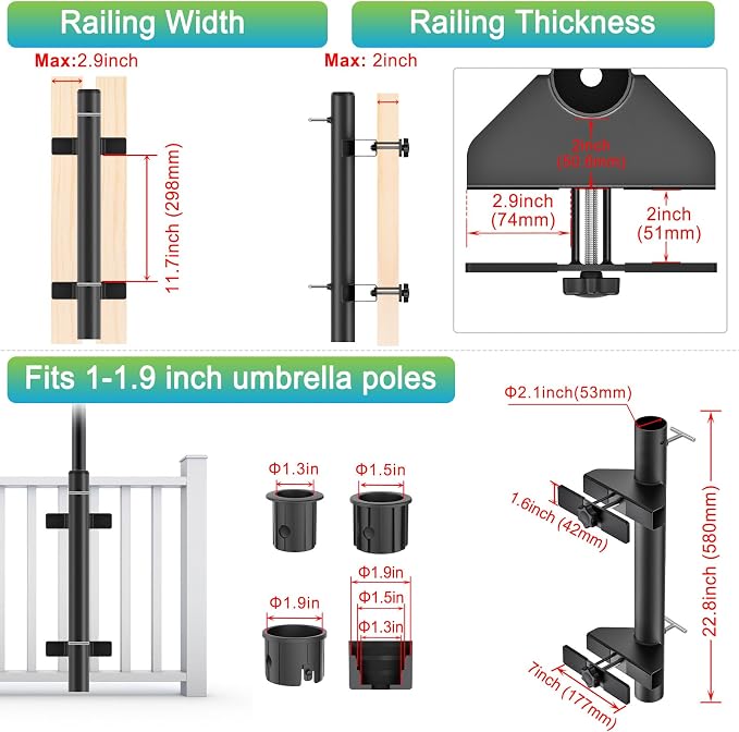 Dolibest Heavy-Duty Patio Umbrella Holder, Deck Mount Umbrella Holder & 3 Sleeves Fits 1-1.9" Poles, Outdoor Umbrella Railing Mount, Attaches to Railing Maximizing Outdoor Patio Space & Shade, Black