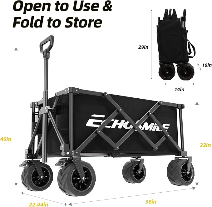 EchoSmile Collapsible Folding Wagon Cart with Compact Storage - 400Lbs Capacity All Terrain Utility Cart for Camping, Beach, Grocery, Garden,Black