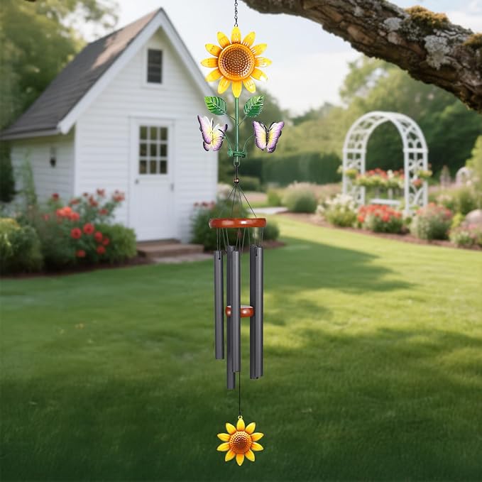 Sunflower Wind Chimes with Spinning Butterflies for Outside Hanging Garden Decor, Black Aluminum Tubes, Floral Wind Chimes for Yard, Porch, Patio, or Balcony for Women Mom Grandmom