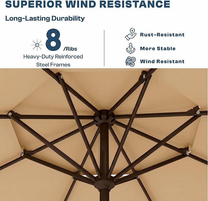 10FT Patio Umbrella, 2 Tier Outdoor Table Umbrella, Large Vented Market Umbrellas with Push Button Tilt and Crank, 8 Sturdy Ribs for Backyard, Deck, Pool, UPF50+ UV Protection