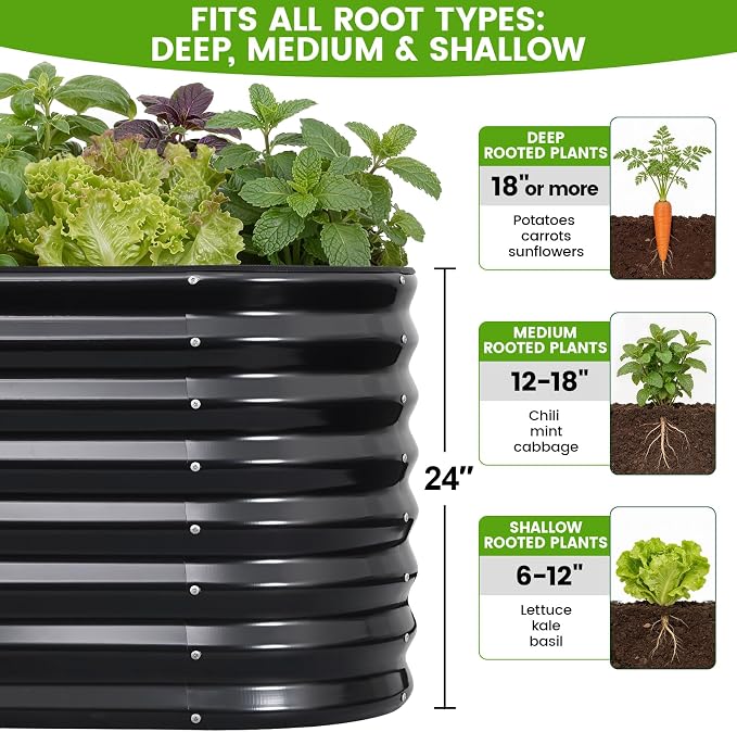 Galvanized Raised Garden Bed Outdoor 24'' Deep | Oval Metal Garden Beds with Easy Assembly & Planter Box for Planting Deep Root Vegetables Fruits Flowers, 4x2x2ft Grey 2pcs