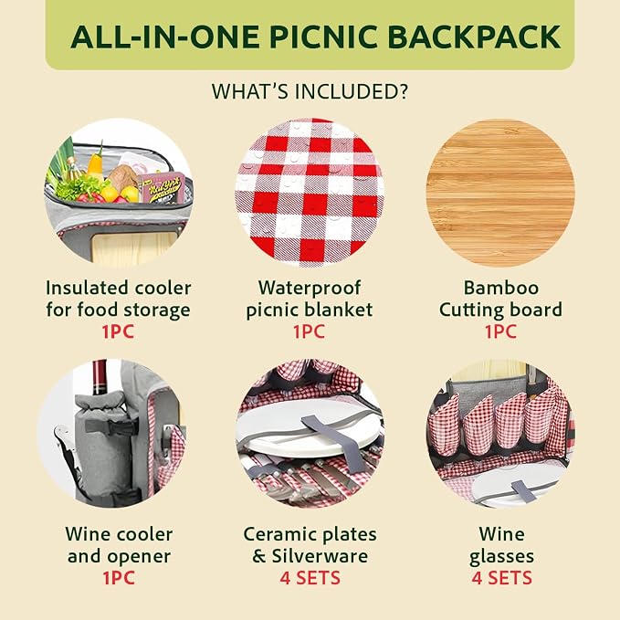 Nature Gear Picnic Backpack for 4, Insulated Picnic Set with Dinnerware, Wine Cooler, Blanket & Cutlery Service, Waterproof Outdoor Bag for Beach, Camping, Travel & Park, Red