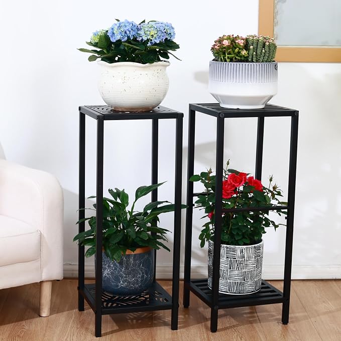 Party Zealot 2-Tier Tall Metal Square Plant Stand 31” Heavy-Duty Modern Flower Pot Rack for Indoor Living Room, Corner Side Table for Outdoor Patio, Garden, and Balcony, Black