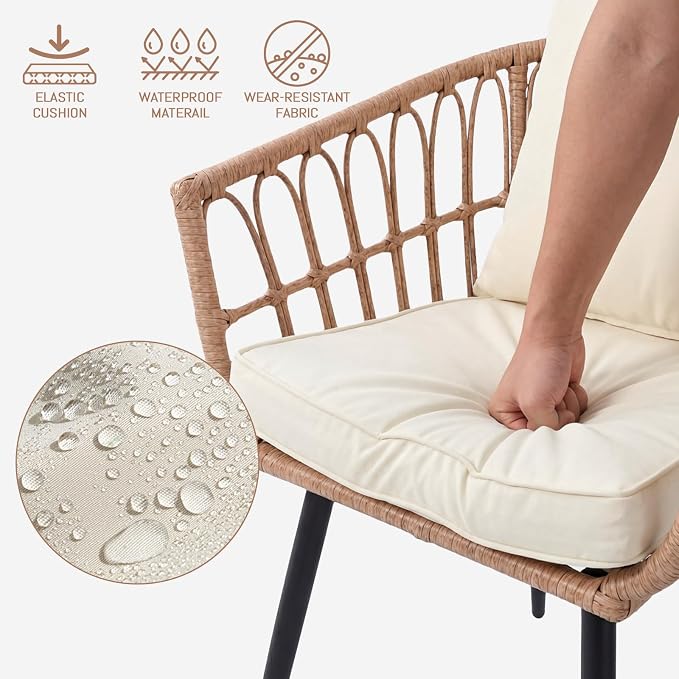 Upgraded 3 Piece Patio Bistro Set for Balcony, Backyard, Porch, Beige | All-Weather Rattan Patio Conversation Set, New Thickened and Reinforced Metal Frame, Tempered Glass Side Table, Easy-Clean