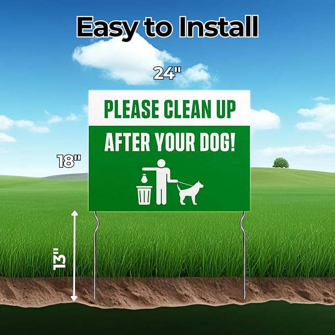 Please Clean Up After Your Dog! Yard Sign by DC | 24"x18" Double Sided Pets Garden Sign with 13” Metal Stakes | Outdoor Signs Waterproof for Lawn, Patio, Sidewalk & House | Set of 2 | Made in USA