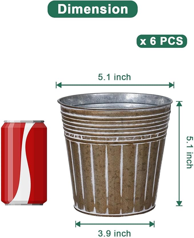 vensovo 5 Inch Galvanized Bucket Planter - 6 Pack Metal Flower Pots with Drainage Holes & Plugs, Rustic Bronze Tin Pots for Indoor Herbs, Outdoor Succulents, Farmhouse Home Garden Decor