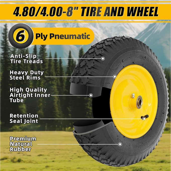 MZREXN 4.80/4.00-8" Tire and Wheel, 16" Pneumatic Wheelbarrow Tire | 5/8"&3/4" Bearing,3"-7"Centered Hub,Fit Hand Truck/Garden Carts/Yard Wagon/Utility Carts/Dolly/Trolley,Yellow 2pcs