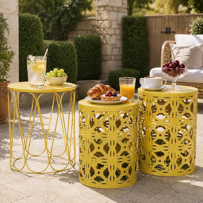 Y&M Outdoor Side Tables Set of 3, Round Metal Stacking Patio Side Tables, Indoor & Outdoor End Tables, Decorative Garden Stool Plant Stand for Patio, Garden, Balcony, Porch, Yellow